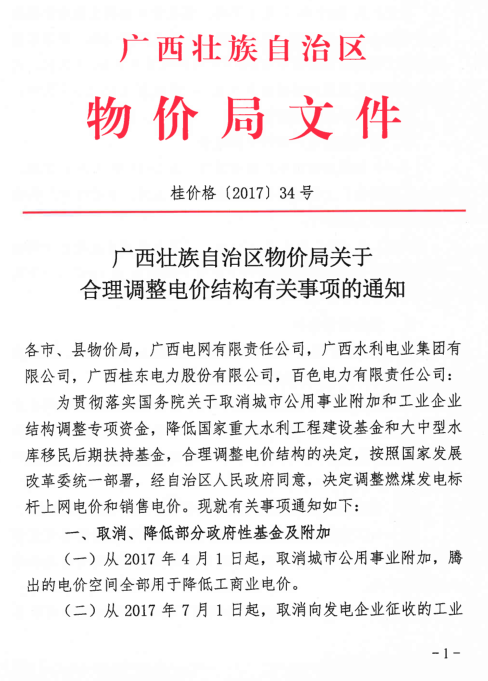 橙電網(wǎng)售電網(wǎng)小編獲悉，廣西壯族自治區(qū)物價(jià)局發(fā)布了關(guān)于合理調(diào)整電價(jià)結(jié)構(gòu)有關(guān)事項(xiàng)的通知，通知中稱(chēng)，調(diào)整銷(xiāo)售電價(jià)，自2017年7月1日起，降低全區(qū)一般性工商業(yè)電價(jià)、大工業(yè)電價(jià)0.72分/千瓦時(shí)。取消、降低部分政府性基金及附加，從2017年4月1日起，取消城市公用事業(yè)附加，騰出的電價(jià)空間全部用于降低工商業(yè)電價(jià)