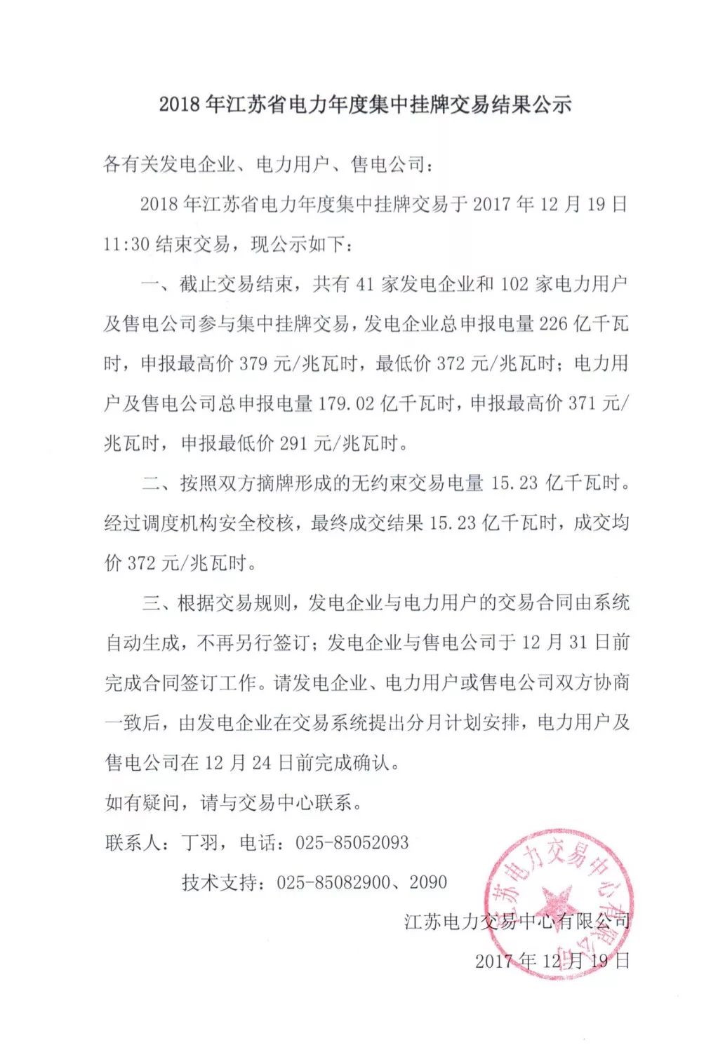 
	中國儲能網(wǎng)訊：12月19日，江蘇電力交易中心發(fā)布了2018年年度集中掛牌交易的結果，這次雙方摘牌交易形成的無約束交易電量15.23億千瓦時，校核后最終成交15.23億千瓦時，成交均價372元/兆瓦時。


	在12月18日成交了2.18億千瓦時，今天成交了13.05億千瓦時，這個結果與廣東三天的年度摘掛牌交易的情況相異，晶見認為這個情況是由于兩省規(guī)則設定和交易時序的不同