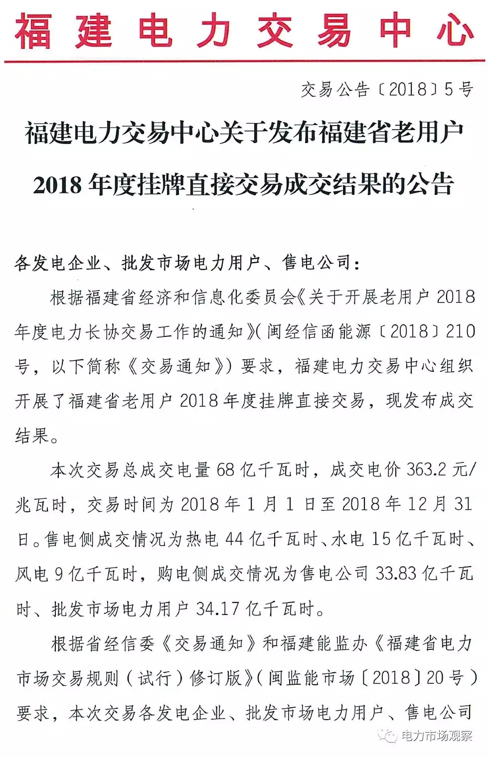 
	中國儲能網(wǎng)訊：3月22日，福建電力交易中心發(fā)布《關(guān)于組織開展老用戶2018年度掛牌直接交易的公告》，交易定于3月27日展開。


	今天（3月28日），福建電力交易中心發(fā)布《關(guān)于發(fā)布福建省老用戶2018年度掛牌直接交易成交結(jié)果的公告》