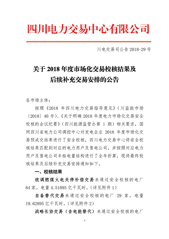
	中國儲能網訊：北極星售電網獲悉，四川電力交易中心日前發(fā)布了《關于2018年度市場化交易校核結果及后續(xù)補充交易安排的公告》。


	統(tǒng)調燃煤火電關停補償交易未通過安全校核的電廠64家，電量4.51895億千瓦時