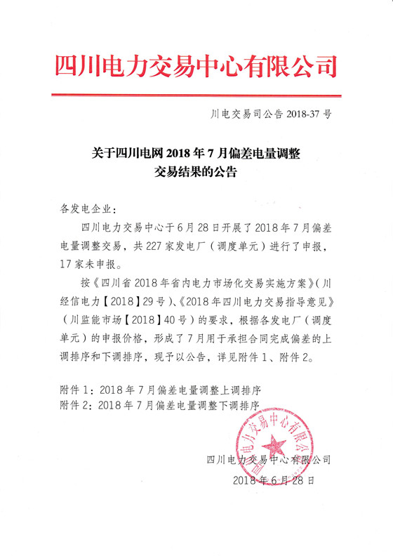 
	中國儲能網(wǎng)訊：北極星售電網(wǎng)獲悉，四川電力交易中心日前發(fā)布了《關(guān)于四川電網(wǎng)2018年7月偏差電量調(diào)整交易結(jié)果的公告》，6月28日開展了2018年7月偏差電量調(diào)整交易，共227家發(fā)電廠(調(diào)度單元)進行了申報，17家未申報。


	詳情如下：


	
