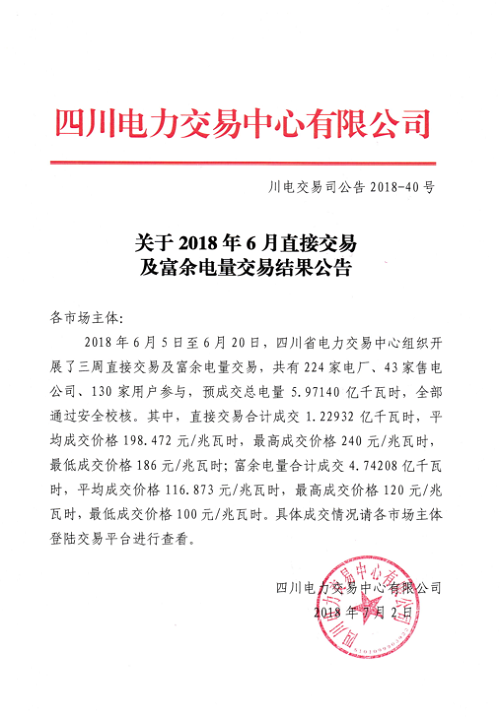 
	中國儲能網(wǎng)訊：四川電力交易中心今日發(fā)布了《關(guān)于2018年6月直接交易及富余電量交易結(jié)果公告》，共有224家電廠、43家售電公司、130家用戶參與，預(yù)成交總電量5.97140億千瓦時，全部通過安全校核。其中，直接交易合計成交1.22932億千瓦時；富余電量合計成交4.74208億千瓦時